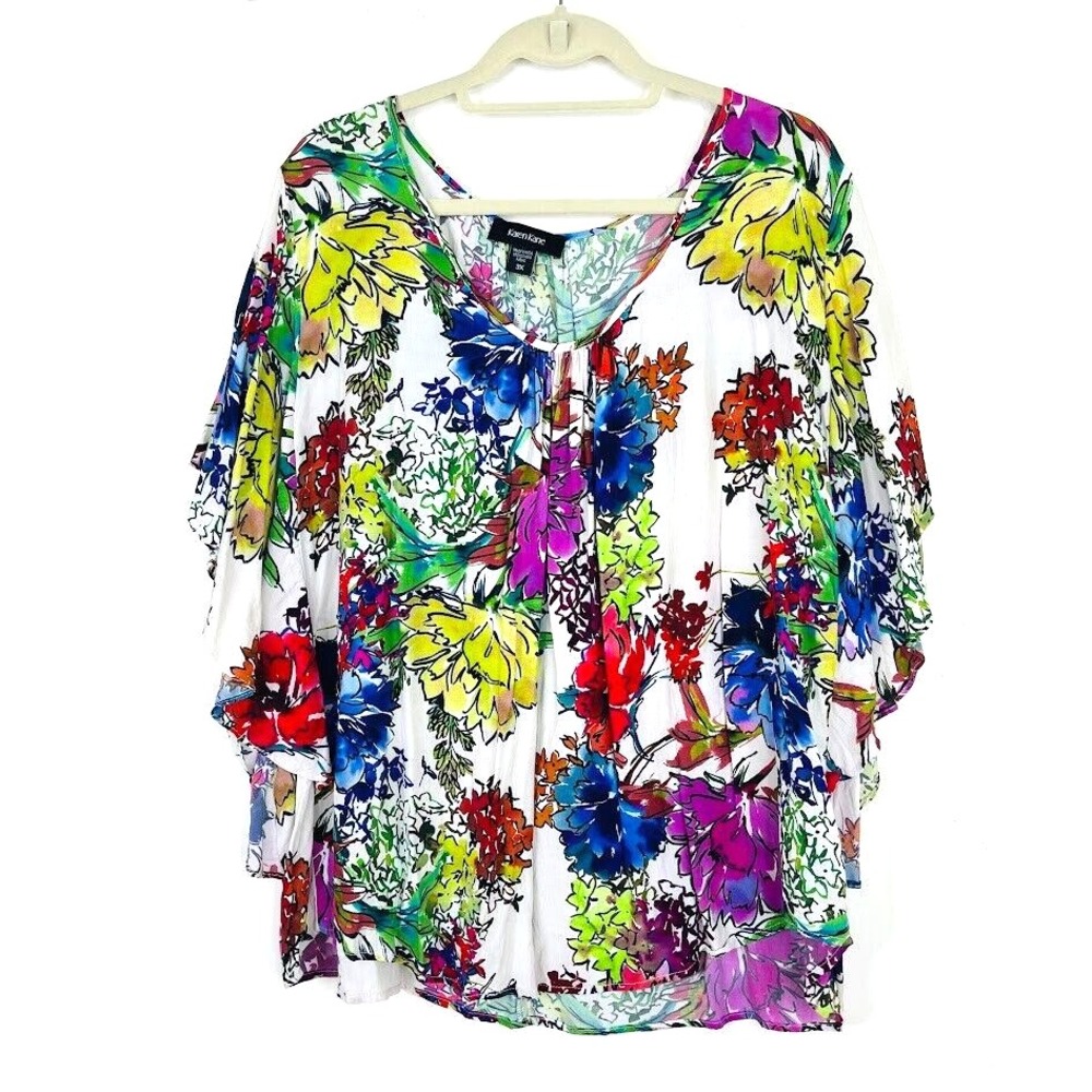 Karen Kane White Floral Print Relaxed Blouse with Multicolor Blooms